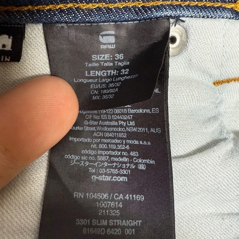 G-Star Raw Mens Jeans W36 L32‎ 3301 Slim Straight Dark Wash Blue Denim